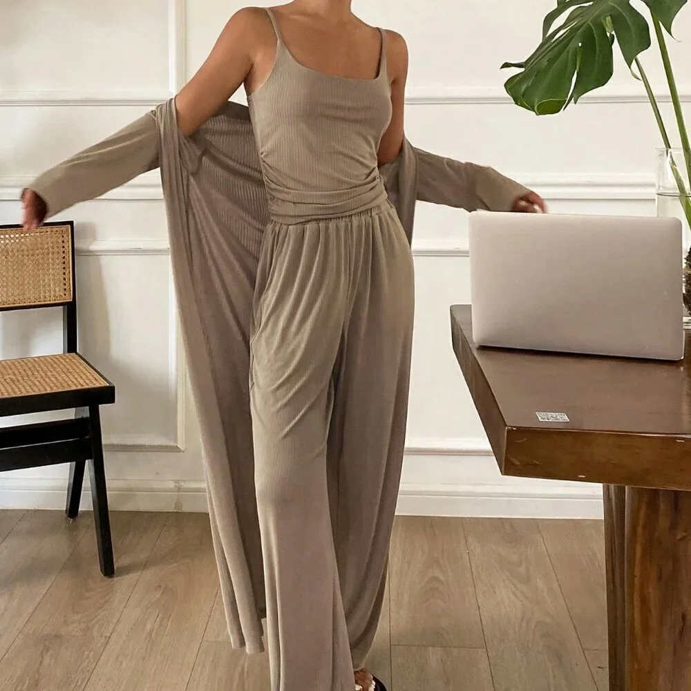 Khaki Casual Women's Camisole Top, Coat and Pants Lounge Wear Set